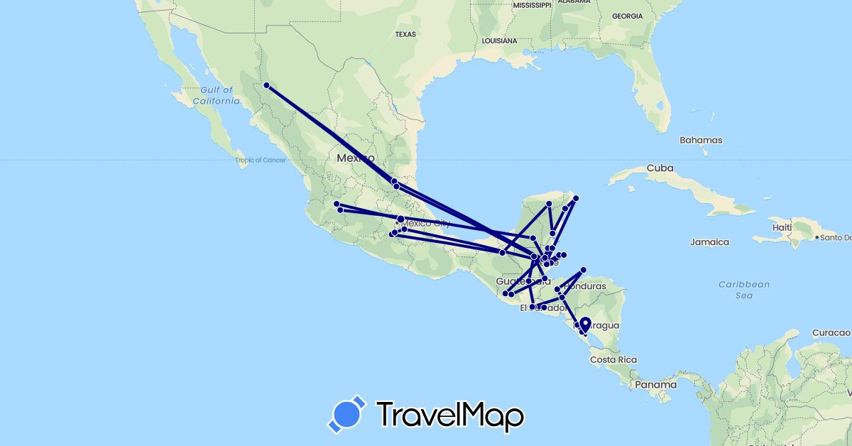 TravelMap itinerary: driving in Belize, Guatemala, Honduras, Mexico, Nicaragua, El Salvador (North America)